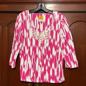 Ruby Rd. Cute Pink & White Beaded Neckline 3/4 Sleeve Size Medium